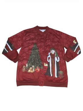 Blair Red Christmas Sweatshirt Cardigan Medium Santa Dogs Snowflakes Grandmacore